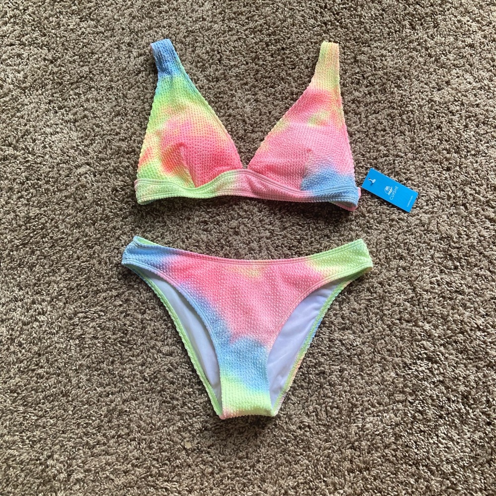 Rainbow Tie-Dye Plunge Top & Standard Rise Bikini Set